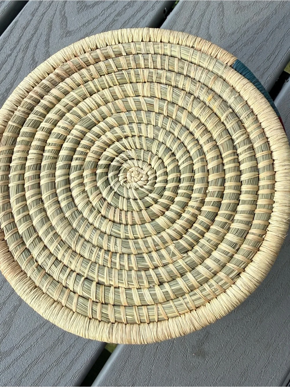 Handwoven Natural Basket with Red and Blue Accents